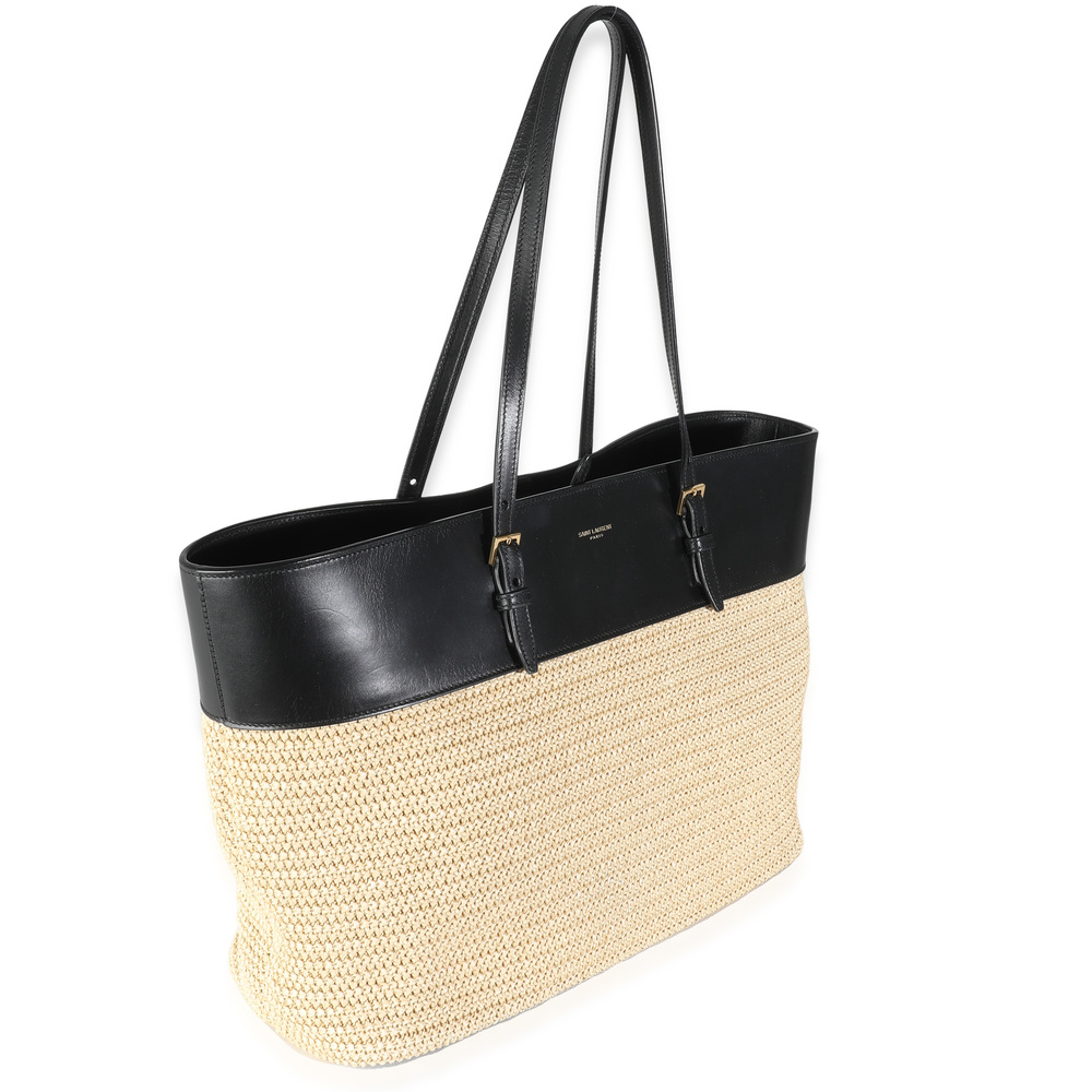 Saint Laurent Black Leather Beige Raffia Medium Boucle Shopper Tote - Picture 2 of 7
